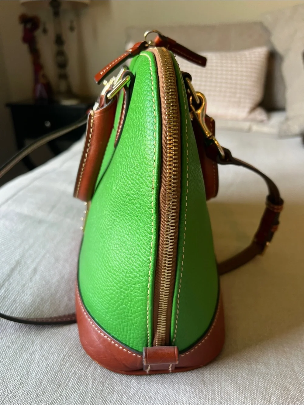Dooney & Bourke Green Pebbled Leather Satchel with Brown Trim and Strap